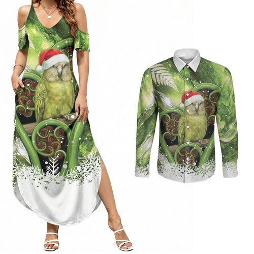 Kakapo New Zealand Christmas In July Couples Matching Summer Maxi Dress and Long Sleeve Button Shirt NZ Aroha Koru Fern Marble Vibes