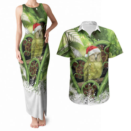 Kakapo New Zealand Christmas In July Couples Matching Tank Maxi Dress and Hawaiian Shirt NZ Aroha Koru Fern Marble Vibes