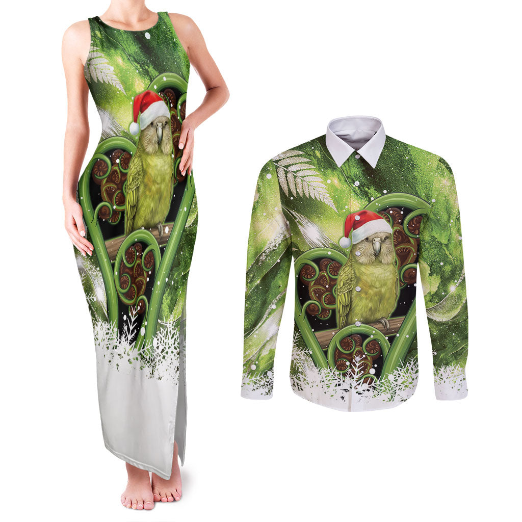 Kakapo New Zealand Christmas In July Couples Matching Tank Maxi Dress and Long Sleeve Button Shirt NZ Aroha Koru Fern Marble Vibes
