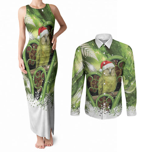 Kakapo New Zealand Christmas In July Couples Matching Tank Maxi Dress and Long Sleeve Button Shirt NZ Aroha Koru Fern Marble Vibes