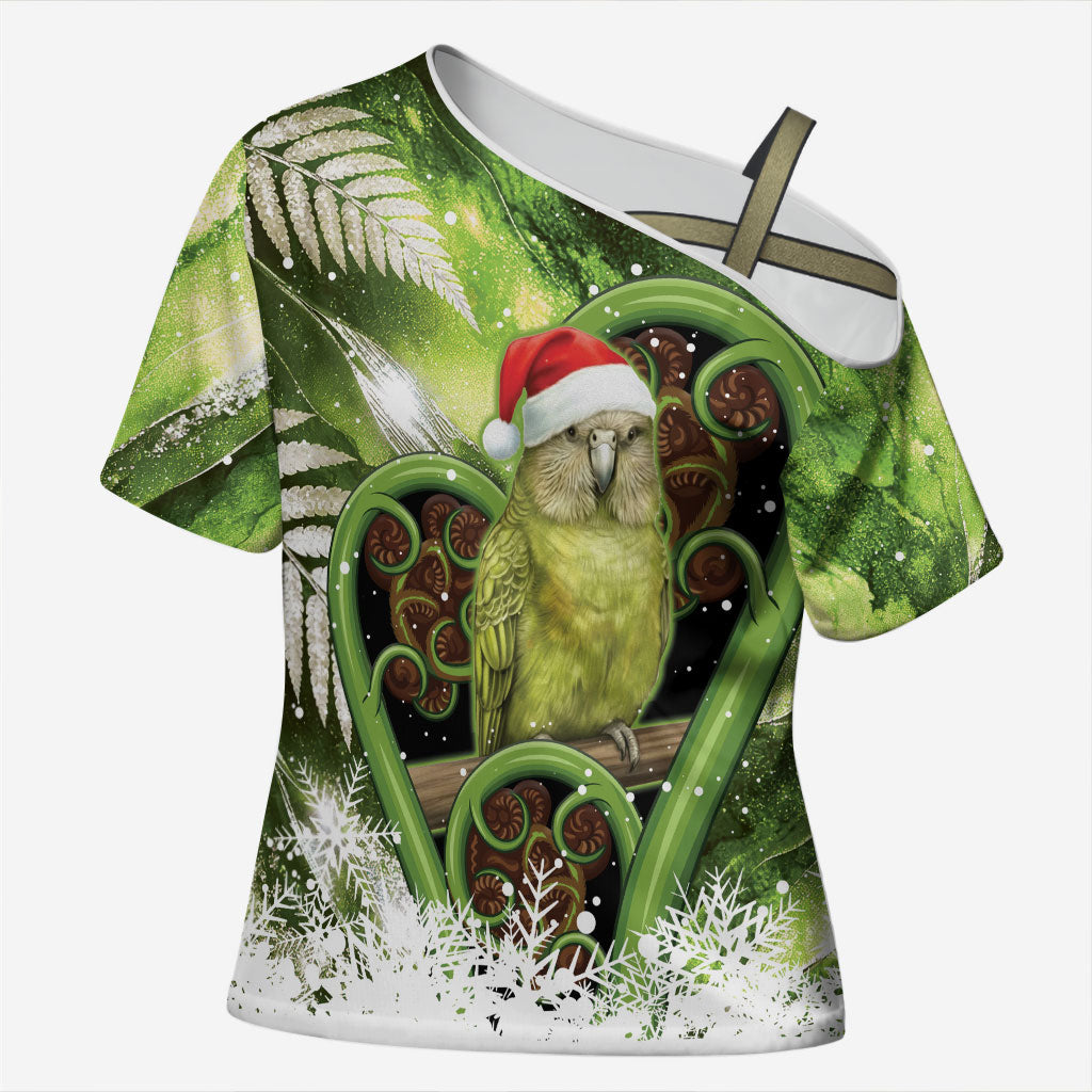 Kakapo New Zealand Christmas In July Cross Shoulder Shirt NZ Aroha Koru Fern Marble Vibes