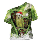 Kakapo New Zealand Christmas In July Cross Shoulder Shirt NZ Aroha Koru Fern Marble Vibes
