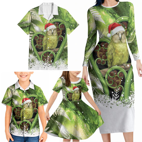 Kakapo New Zealand Christmas In July Family Matching Long Sleeve Bodycon Dress and Hawaiian Shirt NZ Aroha Koru Fern Marble Vibes