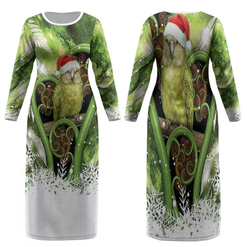 Kakapo New Zealand Christmas In July Family Matching Long Sleeve Bodycon Dress and Hawaiian Shirt NZ Aroha Koru Fern Marble Vibes