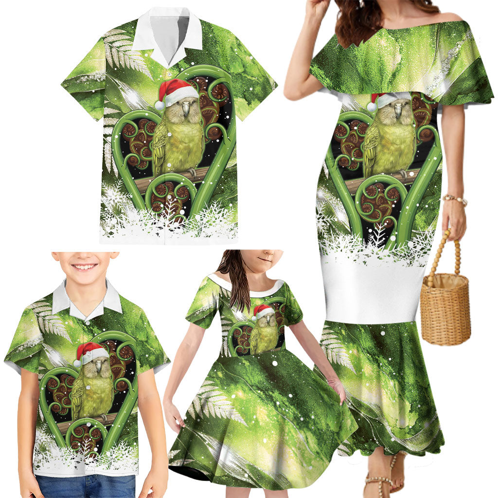 Kakapo New Zealand Christmas In July Family Matching Mermaid Dress and Hawaiian Shirt NZ Aroha Koru Fern Marble Vibes