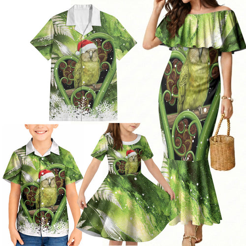 Kakapo New Zealand Christmas In July Family Matching Mermaid Dress and Hawaiian Shirt NZ Aroha Koru Fern Marble Vibes