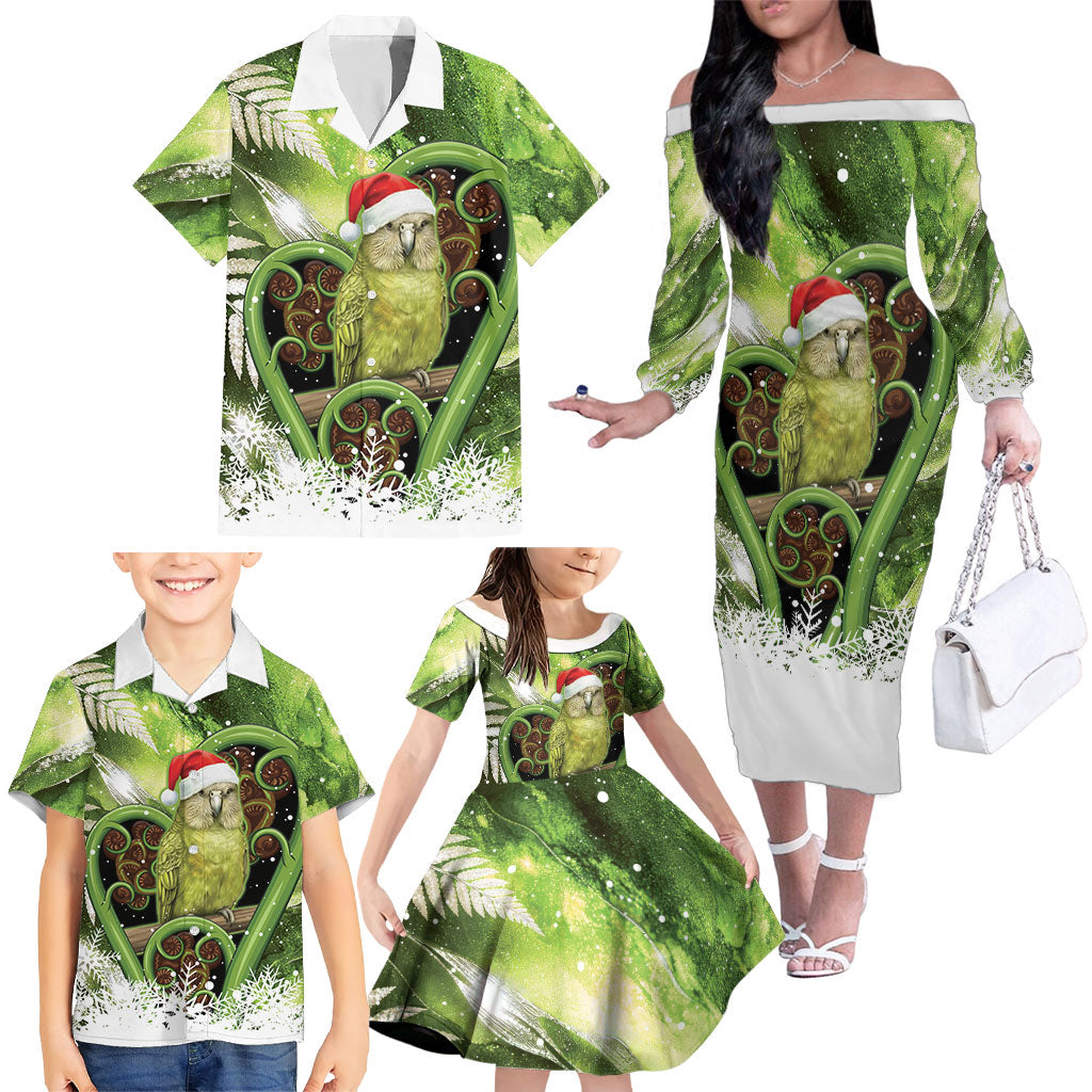 Kakapo New Zealand Christmas In July Family Matching Off The Shoulder Long Sleeve Dress and Hawaiian Shirt NZ Aroha Koru Fern Marble Vibes