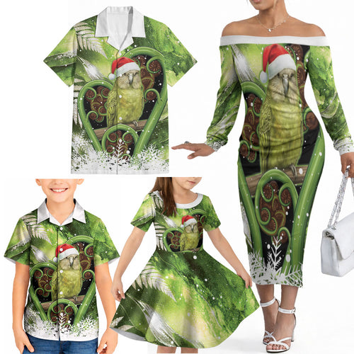 Kakapo New Zealand Christmas In July Family Matching Off The Shoulder Long Sleeve Dress and Hawaiian Shirt NZ Aroha Koru Fern Marble Vibes