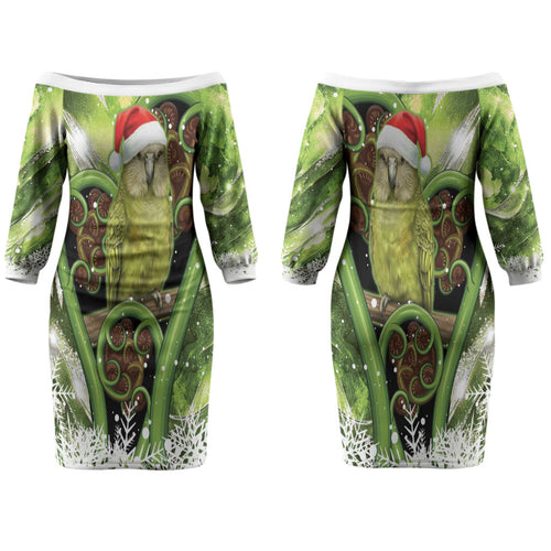 Kakapo New Zealand Christmas In July Family Matching Off The Shoulder Long Sleeve Dress and Hawaiian Shirt NZ Aroha Koru Fern Marble Vibes