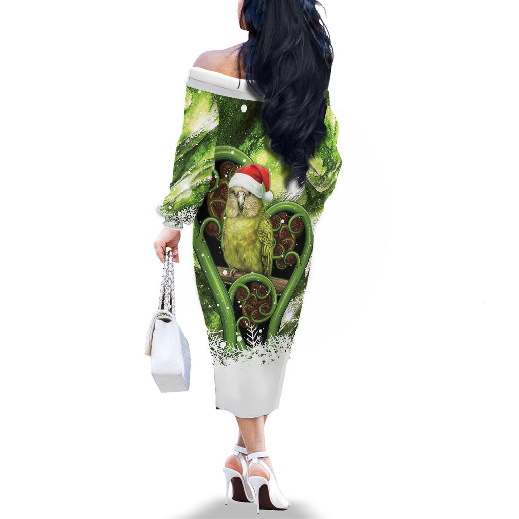 Kakapo New Zealand Christmas In July Family Matching Off The Shoulder Long Sleeve Dress and Hawaiian Shirt NZ Aroha Koru Fern Marble Vibes