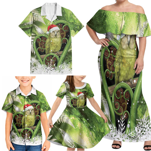 Kakapo New Zealand Christmas In July Family Matching Off Shoulder Maxi Dress and Hawaiian Shirt NZ Aroha Koru Fern Marble Vibes