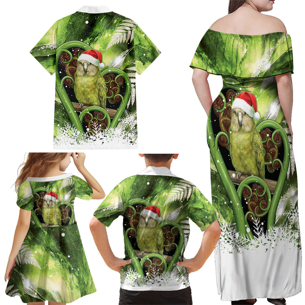 Kakapo New Zealand Christmas In July Family Matching Off Shoulder Maxi Dress and Hawaiian Shirt NZ Aroha Koru Fern Marble Vibes