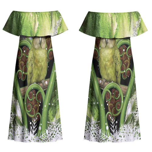 Kakapo New Zealand Christmas In July Family Matching Off Shoulder Maxi Dress and Hawaiian Shirt NZ Aroha Koru Fern Marble Vibes