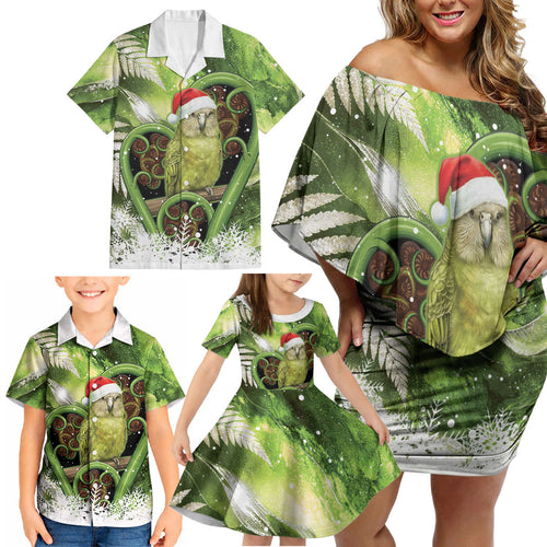Kakapo New Zealand Christmas In July Family Matching Off Shoulder Short Dress and Hawaiian Shirt NZ Aroha Koru Fern Marble Vibes