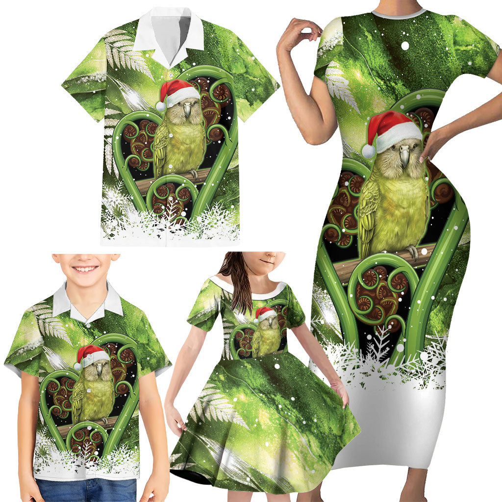 Kakapo New Zealand Christmas In July Family Matching Short Sleeve Bodycon Dress and Hawaiian Shirt NZ Aroha Koru Fern Marble Vibes