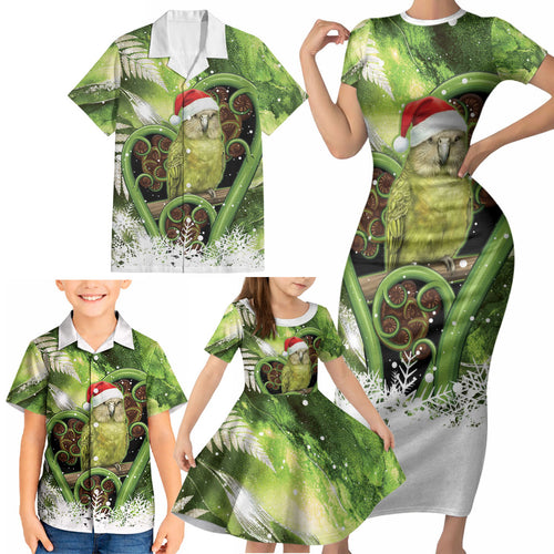 Kakapo New Zealand Christmas In July Family Matching Short Sleeve Bodycon Dress and Hawaiian Shirt NZ Aroha Koru Fern Marble Vibes