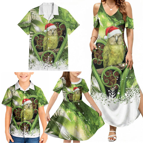 Kakapo New Zealand Christmas In July Family Matching Summer Maxi Dress and Hawaiian Shirt NZ Aroha Koru Fern Marble Vibes