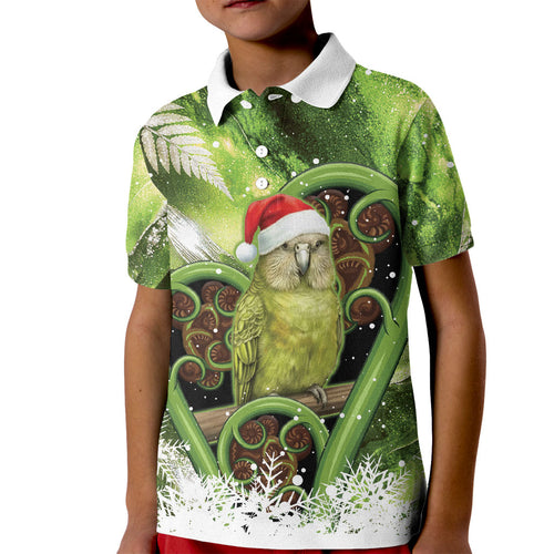 Kakapo New Zealand Christmas In July Kid Polo Shirt NZ Aroha Koru Fern Marble Vibes