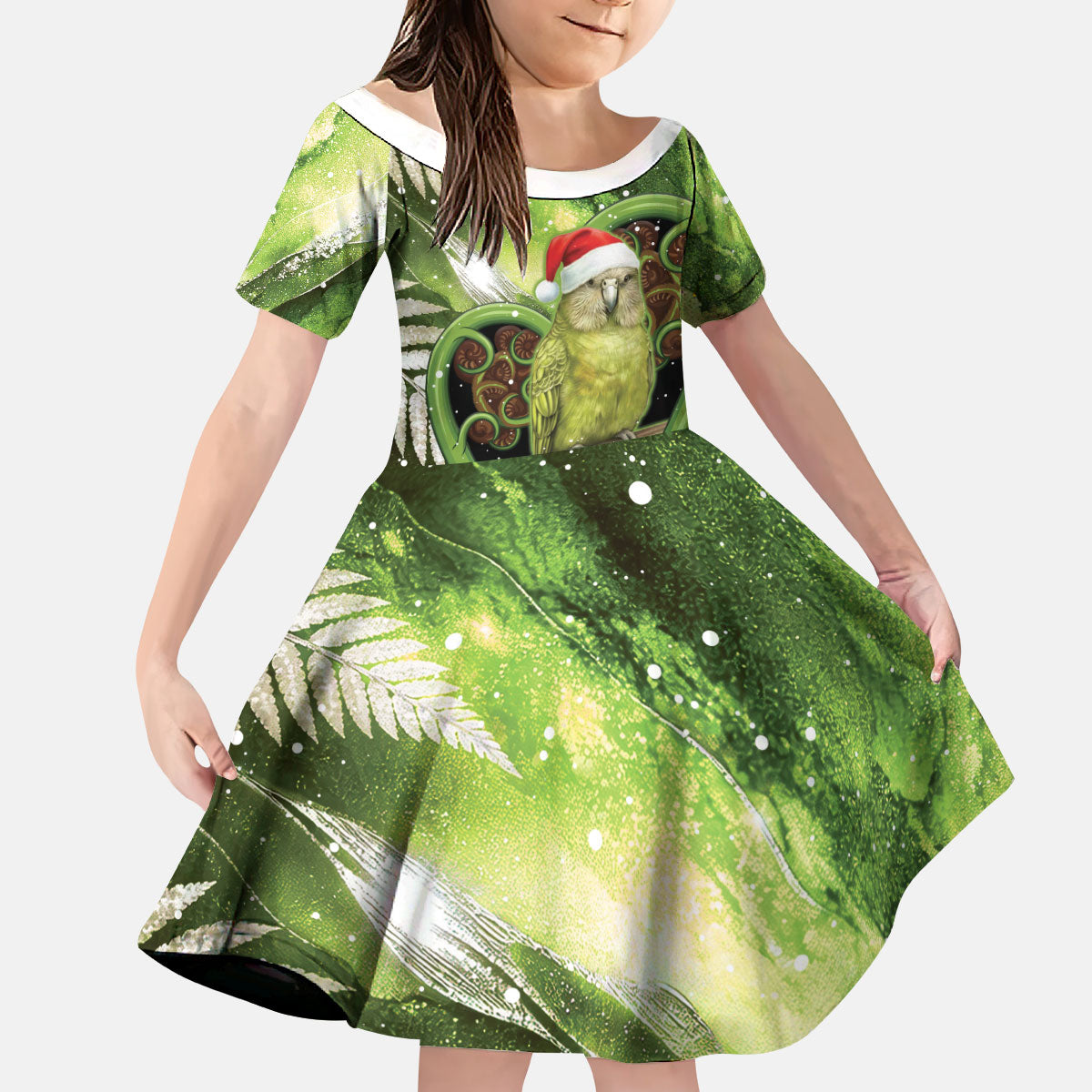 Kakapo New Zealand Christmas In July Kid Short Sleeve Dress NZ Aroha Koru Fern Marble Vibes