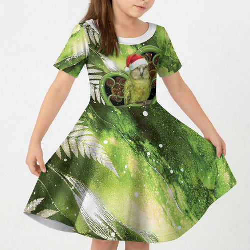 Kakapo New Zealand Christmas In July Kid Short Sleeve Dress NZ Aroha Koru Fern Marble Vibes