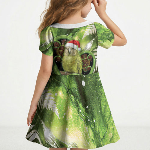 Kakapo New Zealand Christmas In July Kid Short Sleeve Dress NZ Aroha Koru Fern Marble Vibes