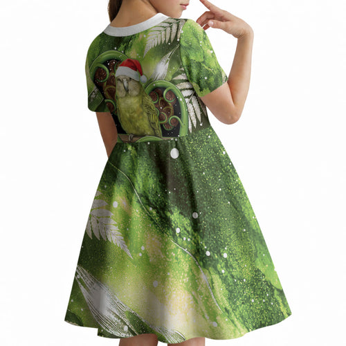 Kakapo New Zealand Christmas In July Kid Short Sleeve Dress NZ Aroha Koru Fern Marble Vibes
