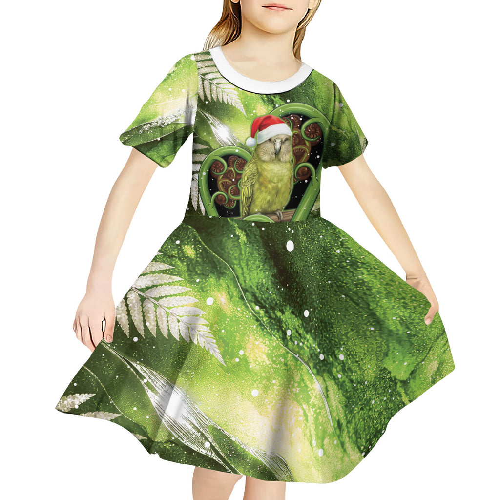 Kakapo New Zealand Christmas In July Kid Short Sleeve Dress NZ Aroha Koru Fern Marble Vibes