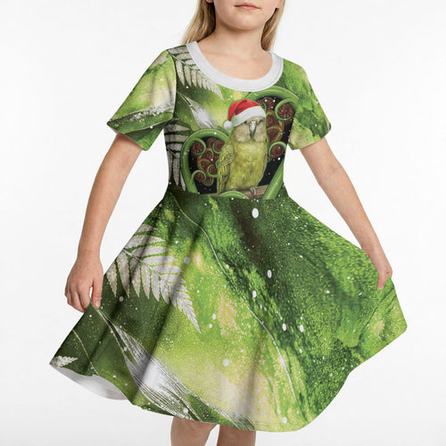Kakapo New Zealand Christmas In July Kid Short Sleeve Dress NZ Aroha Koru Fern Marble Vibes