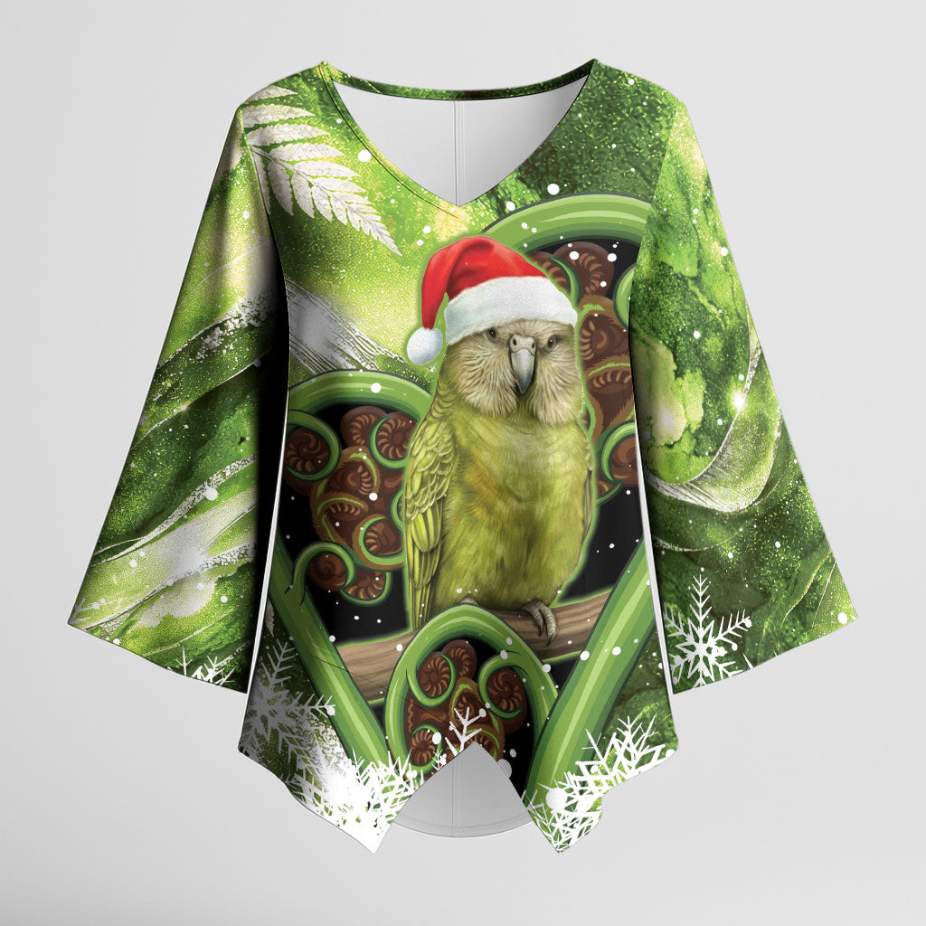 Kakapo New Zealand Christmas In July Kimono Sleeve Blouse NZ Aroha Koru Fern Marble Vibes