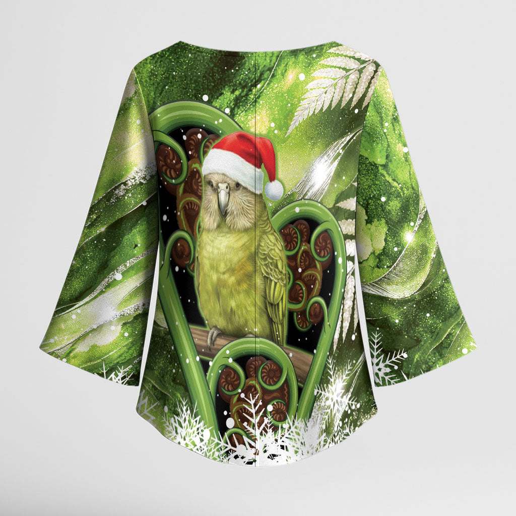 Kakapo New Zealand Christmas In July Kimono Sleeve Blouse NZ Aroha Koru Fern Marble Vibes