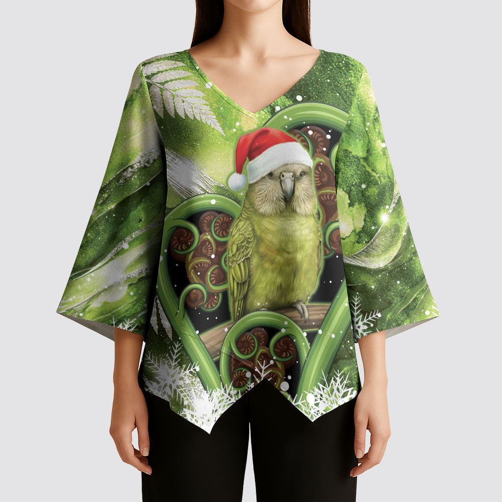 Kakapo New Zealand Christmas In July Kimono Sleeve Blouse NZ Aroha Koru Fern Marble Vibes