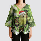 Kakapo New Zealand Christmas In July Kimono Sleeve Blouse NZ Aroha Koru Fern Marble Vibes