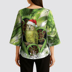 Kakapo New Zealand Christmas In July Kimono Sleeve Blouse NZ Aroha Koru Fern Marble Vibes