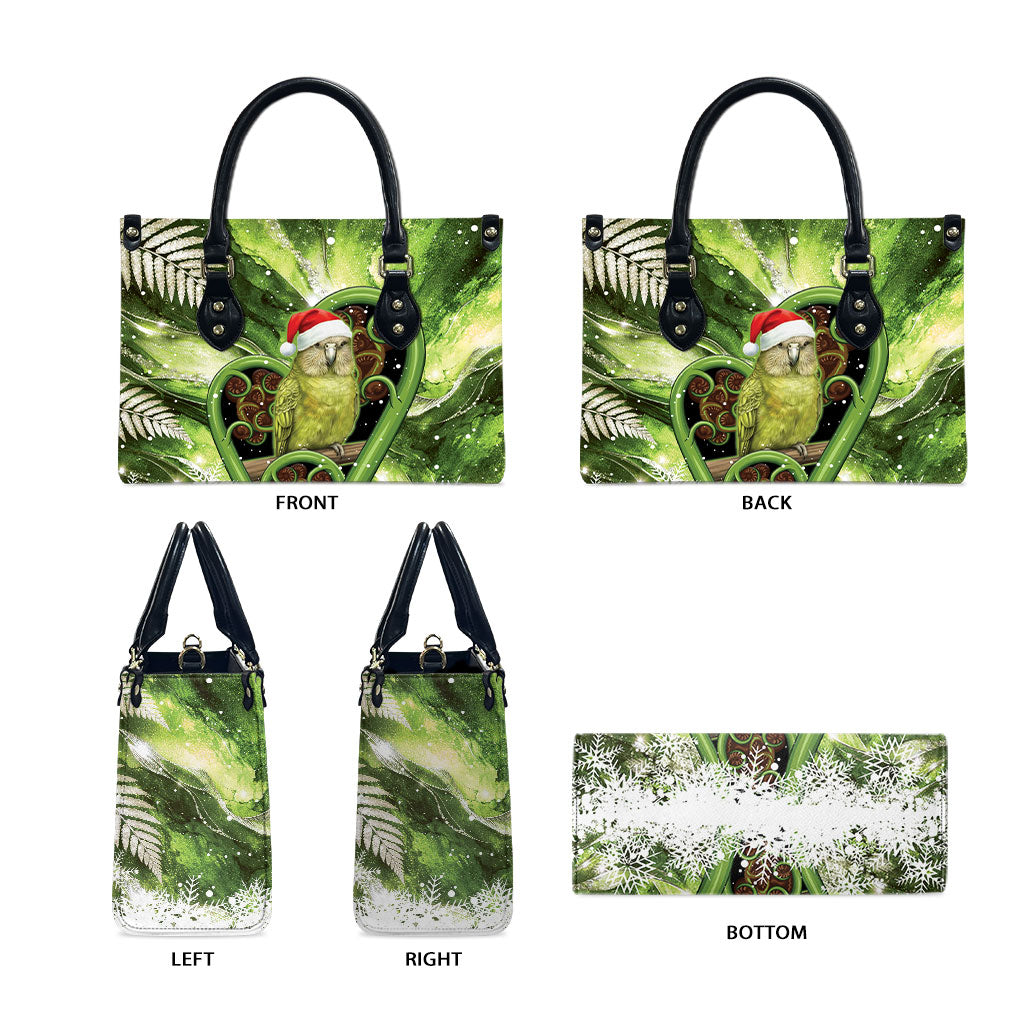 Kakapo New Zealand Christmas In July Leather Bag NZ Aroha Koru Fern Marble Vibes