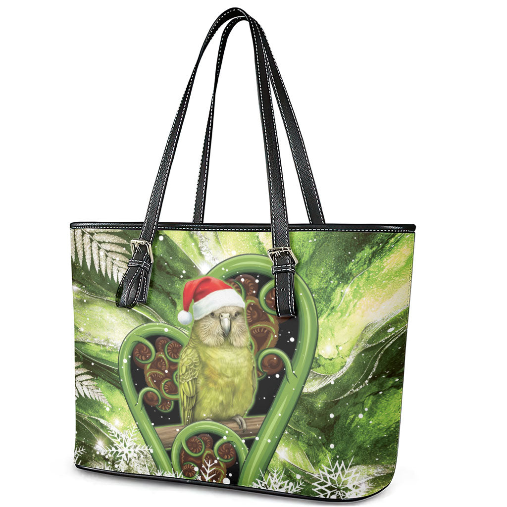 Kakapo New Zealand Christmas In July Leather Tote Bag NZ Aroha Koru Fern Marble Vibes