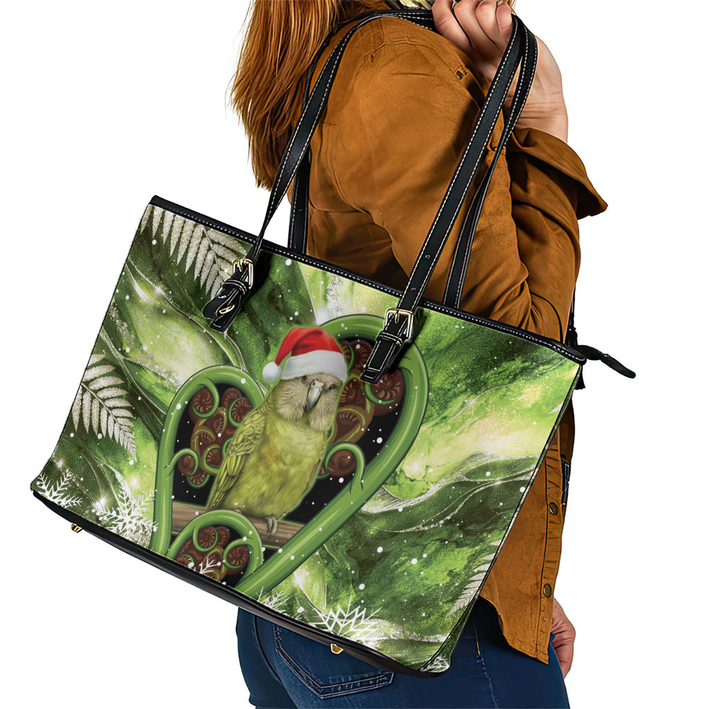 Kakapo New Zealand Christmas In July Leather Tote Bag NZ Aroha Koru Fern Marble Vibes
