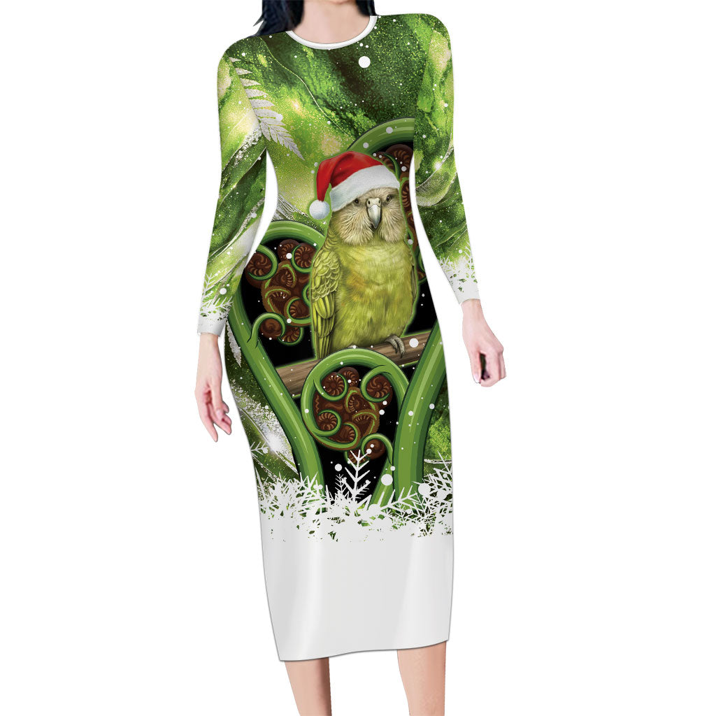 Kakapo New Zealand Christmas In July Long Sleeve Bodycon Dress NZ Aroha Koru Fern Marble Vibes