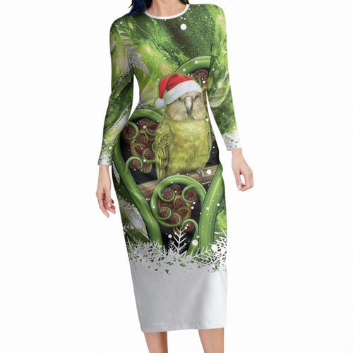 Kakapo New Zealand Christmas In July Long Sleeve Bodycon Dress NZ Aroha Koru Fern Marble Vibes