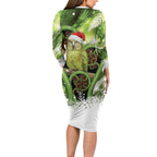 Kakapo New Zealand Christmas In July Long Sleeve Bodycon Dress NZ Aroha Koru Fern Marble Vibes