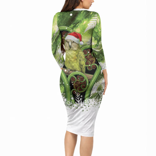 Kakapo New Zealand Christmas In July Long Sleeve Bodycon Dress NZ Aroha Koru Fern Marble Vibes