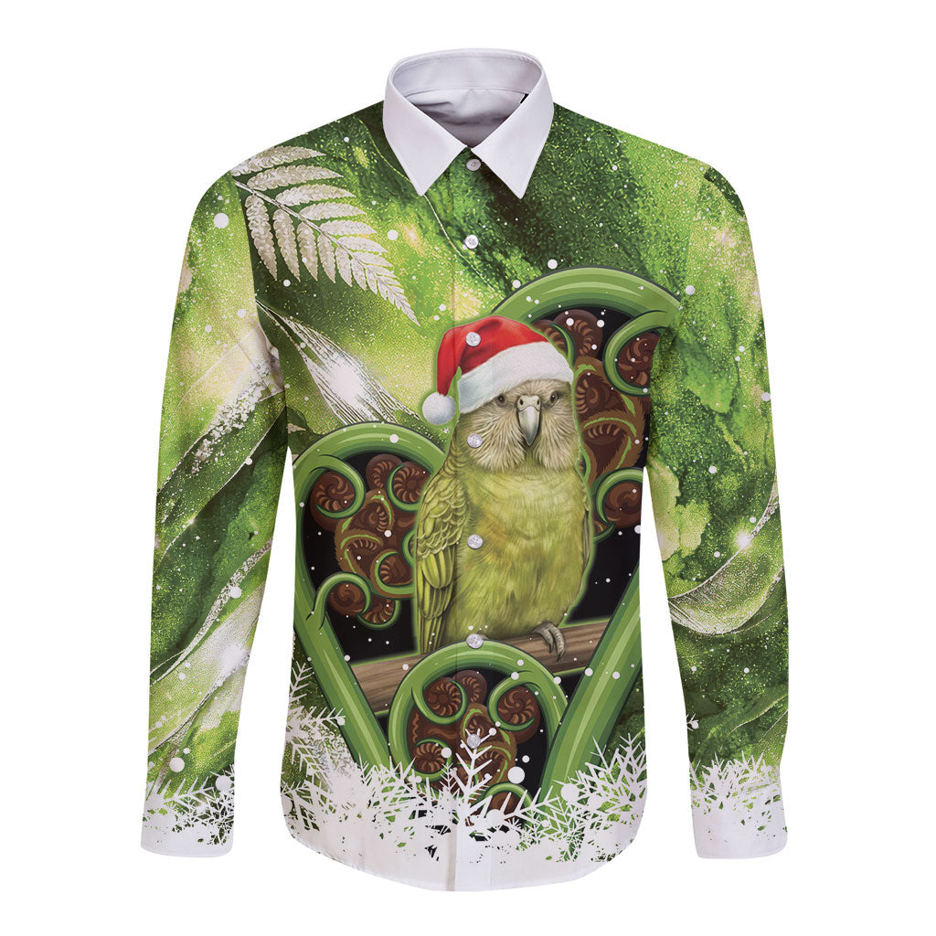 Kakapo New Zealand Christmas In July Long Sleeve Button Shirt NZ Aroha Koru Fern Marble Vibes