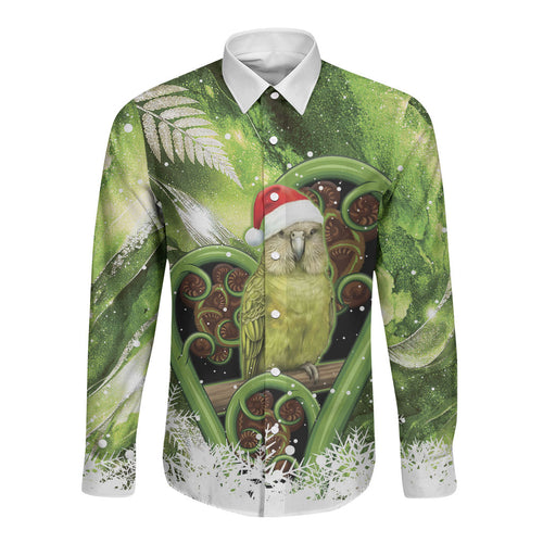 Kakapo New Zealand Christmas In July Long Sleeve Button Shirt NZ Aroha Koru Fern Marble Vibes