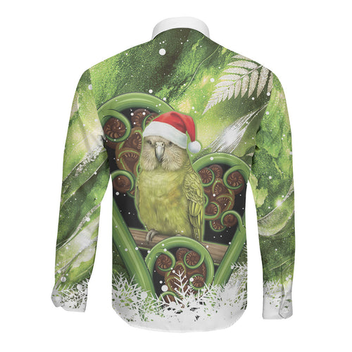 Kakapo New Zealand Christmas In July Long Sleeve Button Shirt NZ Aroha Koru Fern Marble Vibes