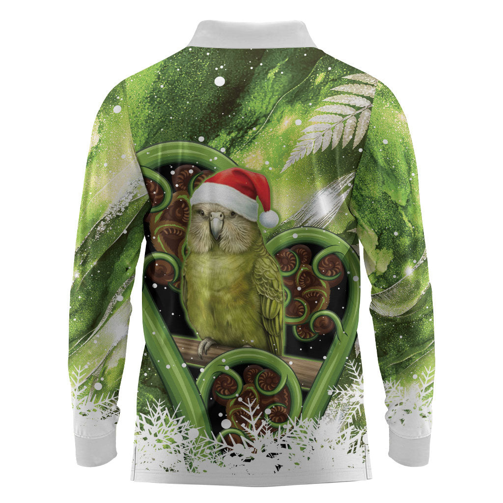 Kakapo New Zealand Christmas In July Long Sleeve Polo Shirt NZ Aroha Koru Fern Marble Vibes
