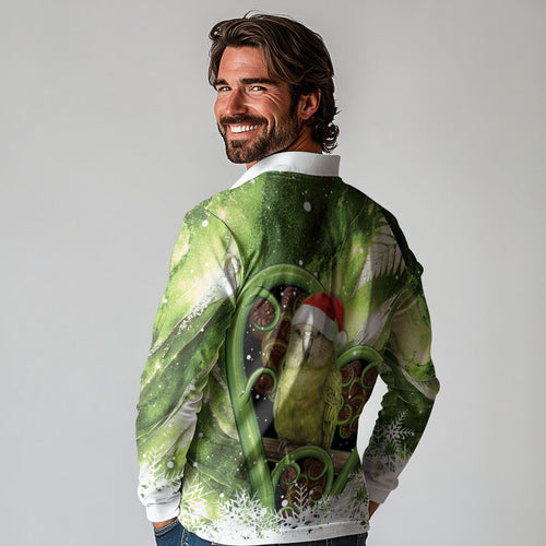 Kakapo New Zealand Christmas In July Long Sleeve Polo Shirt NZ Aroha Koru Fern Marble Vibes