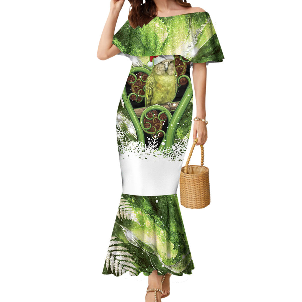 Kakapo New Zealand Christmas In July Mermaid Dress NZ Aroha Koru Fern Marble Vibes
