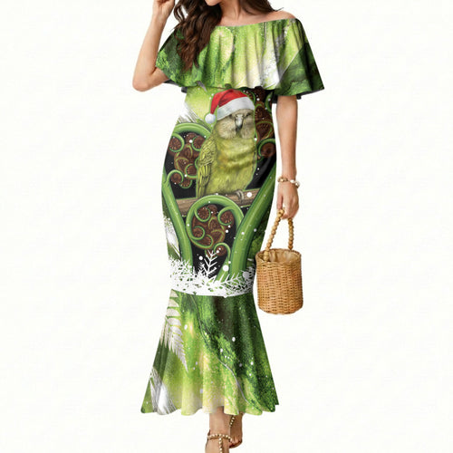 Kakapo New Zealand Christmas In July Mermaid Dress NZ Aroha Koru Fern Marble Vibes