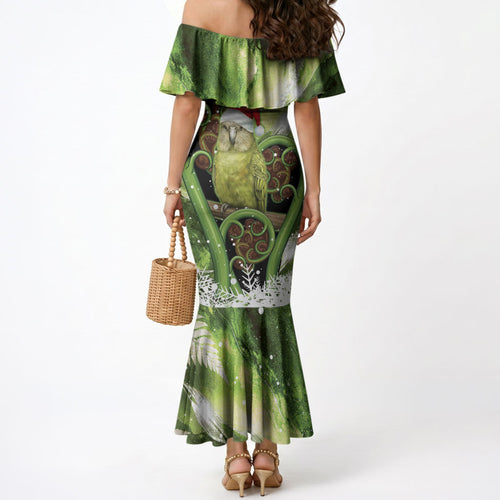 Kakapo New Zealand Christmas In July Mermaid Dress NZ Aroha Koru Fern Marble Vibes