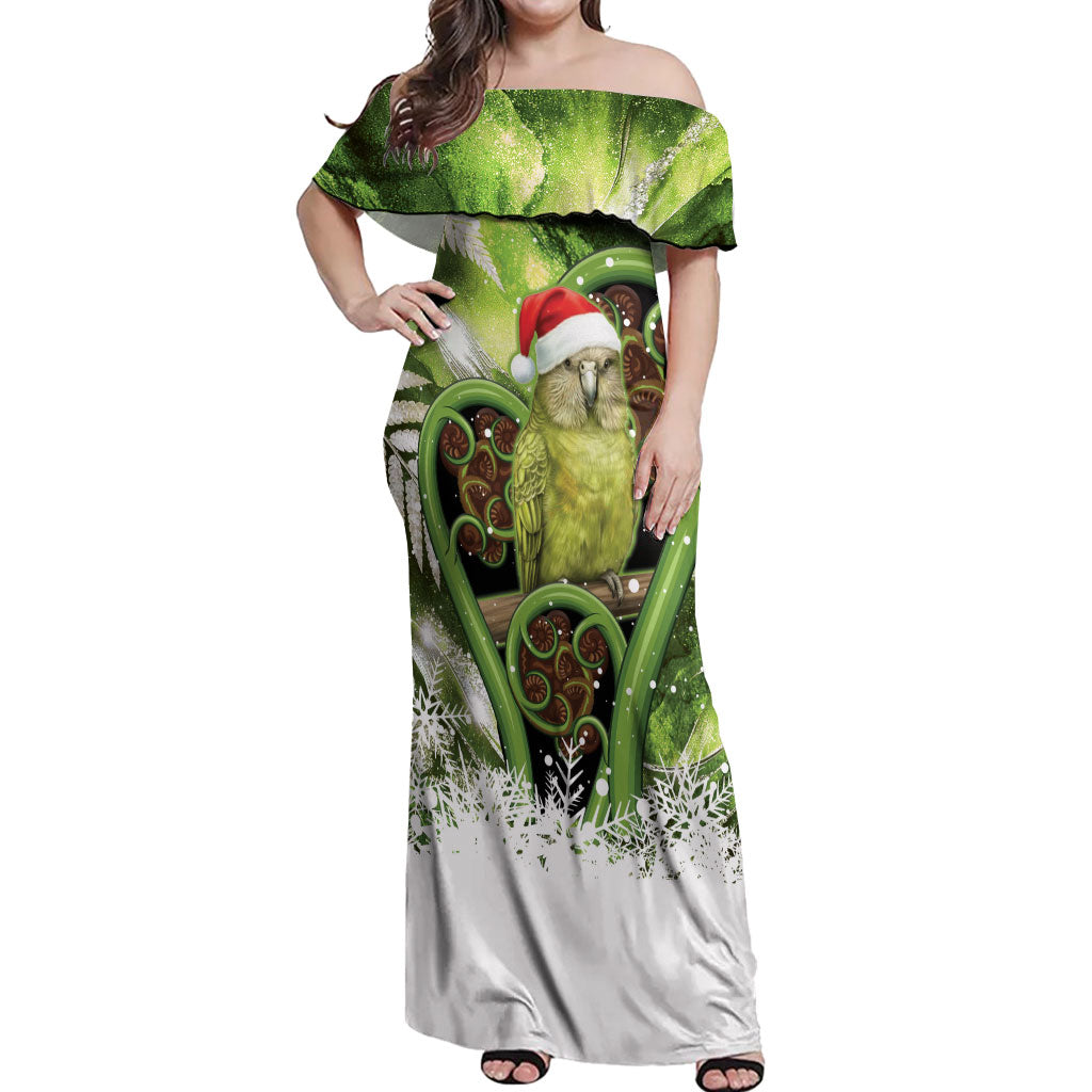 Kakapo New Zealand Christmas In July Off Shoulder Maxi Dress NZ Aroha Koru Fern Marble Vibes