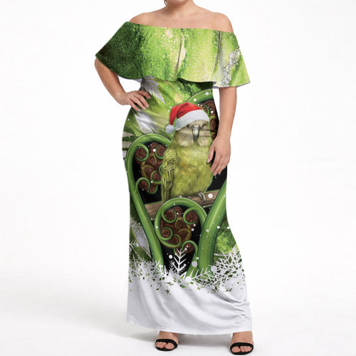 Kakapo New Zealand Christmas In July Off Shoulder Maxi Dress NZ Aroha Koru Fern Marble Vibes